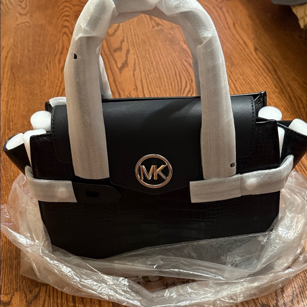 NWT Michael Kors Black Croc-Embossed Satchel with Gold MK Medallion